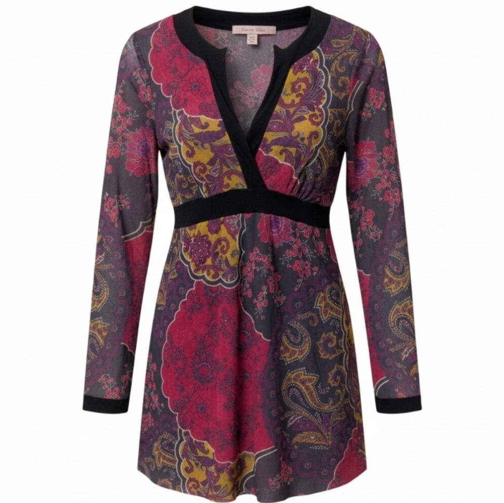 Anthropologie Sweet Pea by Stacy Frati Deep V sheer tunic paisley print dress